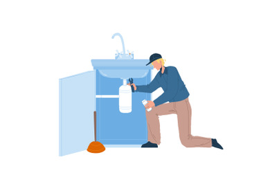 Plumber In Working Overall Fixing Sink Vector