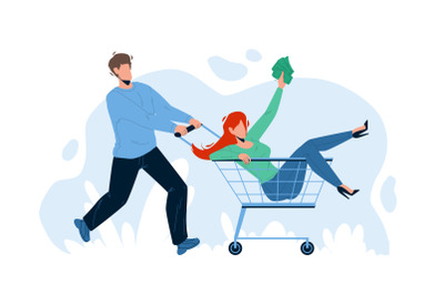 In Shopping Cart Transport Carry Boy Woman Vector