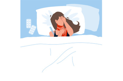 Infected Sick Woman Lying In Bed With Fever Vector