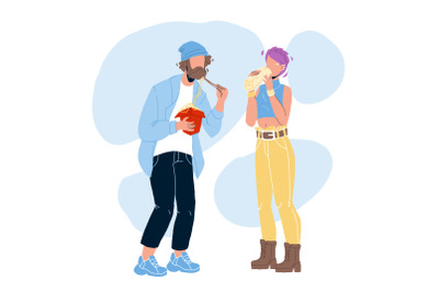 Street Food Eating Boy And Girl Couple Vector