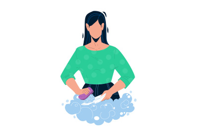 Washing Dishes With Soap In Kitchen Sink Vector