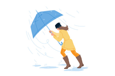 Weather Rain Day Walking Girl With Umbrella Vector