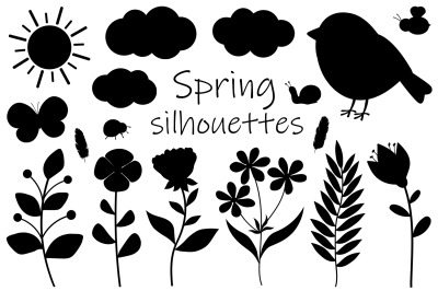 Spring Silhouettes. Flowers Silhouettes. Birds Silhouettes