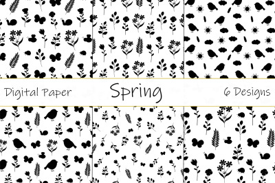 Spring pattern. Spring flowers silhouettes. Birds pattern