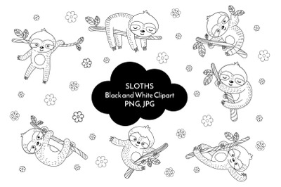 Sloth black and white clipart PNG 36