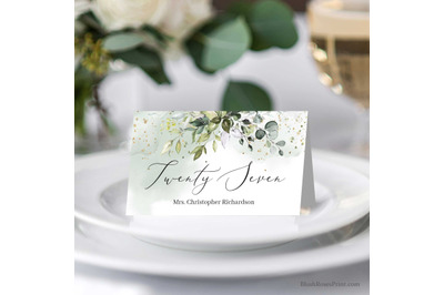 Boho Green and Gold Geometric Wedding Place Cards Template Editable Di