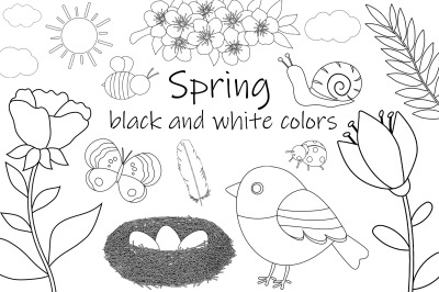 Spring black and white coloring. Flowers coloring. Bird SVG