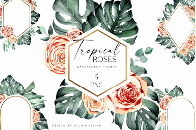 Boho tropical flowers clipart, Watercolor boho roses and palm leaves