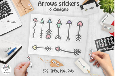 Arrows Stickers clipart. Printable 8 designs. PNG&2C; JPEG&2C; PDF files.