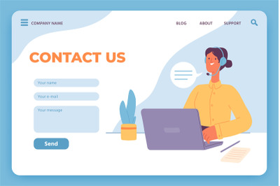 Contact us landing page. Website customer service, female operator wit