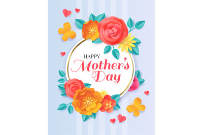 Happy Mothers day. Spring papercut flowers and butterflies. Greeting c