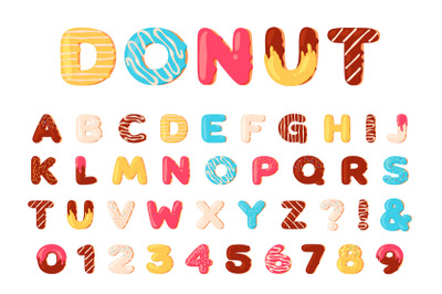 Donuts alphabet. Sweet doughnut font letters and numbers with icing cr