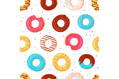 Donuts seamless pattern. Sweet summer print with glazed doughnuts. Bit