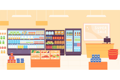 Grocery shop interior. Supermarket with food product shelves, racks wi