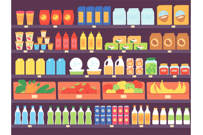 Supermarket shelves with food products. Grocery store shelf with assor