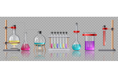 Realistic laboratory equipment. Glass tubes, flasks, burner and beaker