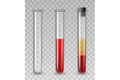 Test tubes with blood. Realistic glass medical tube empty, filled with