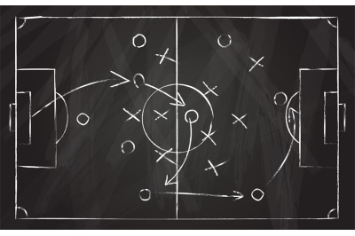 Football tactic scheme. Soccer game strategy with arrows on black chal