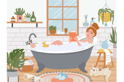 Woman in bath. Relaxed girl in bathtub with foam bubbles read in bathr