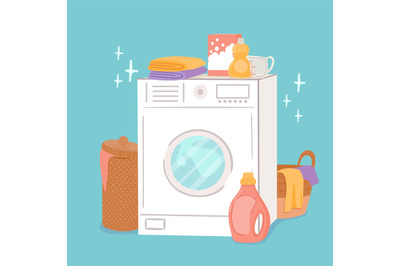 Washing machine and laundry. Cartoon washer, linen baskets and cleanin