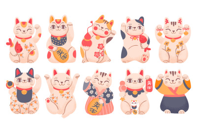 Japanese lucky cats. Cartoon maneki neko toy in traditional clothes&2C; h