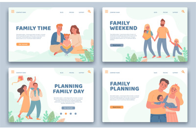 Happy families landing pages. Active parents and child on vacation. We