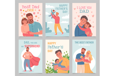 Happy father day. Gift cards with fathers and kids. Man hug daughter,