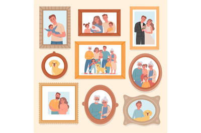 Family photos. Parents and kids portrait in frames. Memory pictures wi