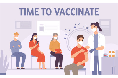 Doctor vaccinate people. Patient gets vaccine shot in hospital. Medici