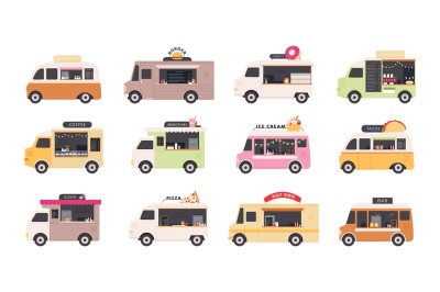 Food trucks. Van cars selling street fast foods&2C; pizza&2C; burger&2C; coffee