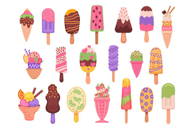 Ice cream. Cartoon summer dessert, popsicles, fruit frozen juice and y