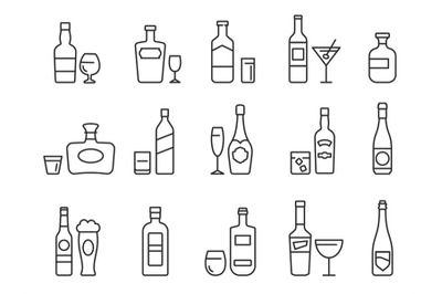 Alcohol drinks line icons. Outline bottles and glasses with beer, wine