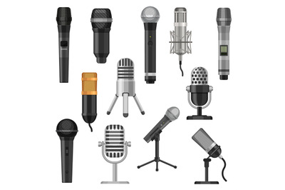 Cartoon studio microphones. Broadcast, voice and music audio recording