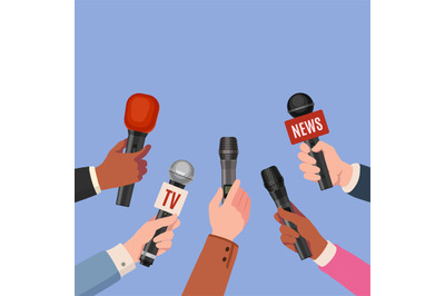 Journalist hands with microphones. Reporters with mics take interview