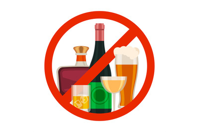 No alcohol icon. Alcoholic drink prohibition sign with cartoon beer gl