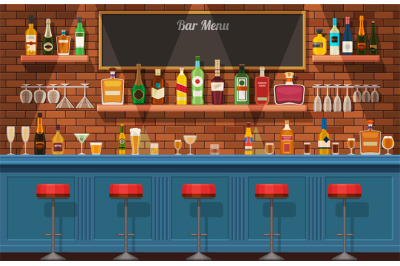 Bar counter. Pub or nightclub interior with table and chairs. Bottles