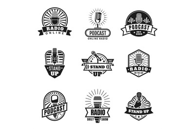 Radio emblems. Podcast, broadcast and studio badges with vintage micro