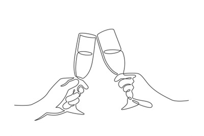 Continuous line champagne cheers. Hands toasting with wine glasses wit