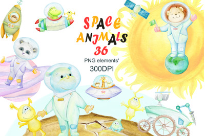 Space. Animals Astronaut. Watercolor Clipart. Planet Clip art.  rocket