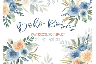 Watercolor Boho Roses ClipArt Dusty bouquet Wedding Clip Art flowers p