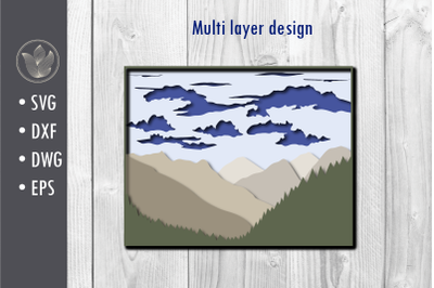 3d svg dxf Multi-layer mountains landscape design&2C; cut file