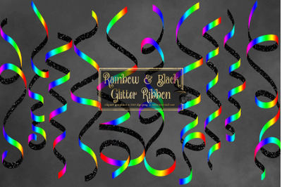 Rainbow and Black Glitter Ribbon Clipart