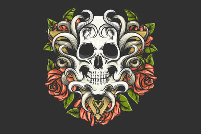 Human Skull with Rose Flowers on Triangle Shape Tattoo