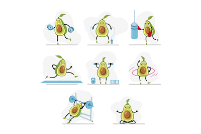 Avocado do sport, yoga and run, cute character healthy lifestyle