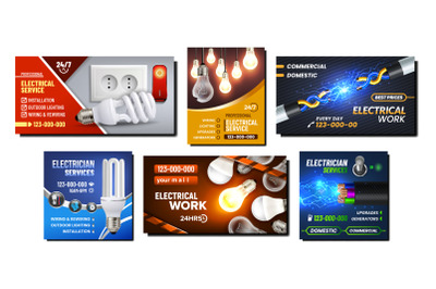 Electrical Work Promotional Posters Set Vector