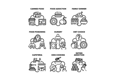 Food Addiction Set Icons Vector Black Illustrations