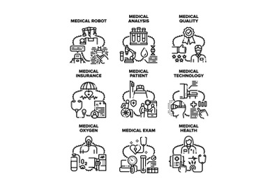 Medical Treatment Set Icons Vector Black Illustrations