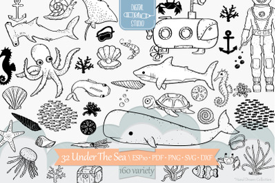 Under the Sea Doodles | Hand Drawn Fish, Ocean Life, Octopus, Shell