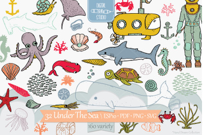 Under the Sea Color | Hand Drawn Fish, Ocean Life, Octopus, Shell