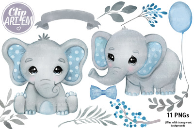 Elephant Boy Bundle Clip art PNG,  watercolor elephants and leaves